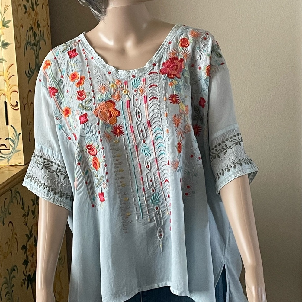 Johnny Was Pale Blue Floral Embroidered Peasant Blouse
